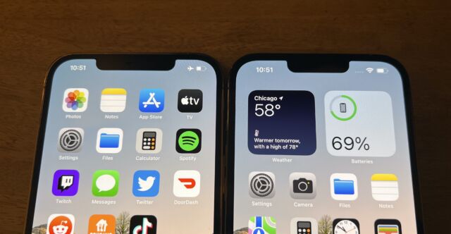 The iPhone 12 Pro Max's notch (left) next to the iPhone 13 Pro Max's notch (right).