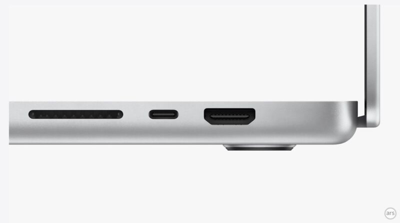 Farthest right: The HDMI port on the MacBook Pro.