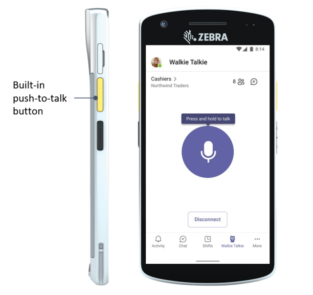 If you don't have a Zebra device, you can touch an icon on the Teams app to walkie-talkie someone. 