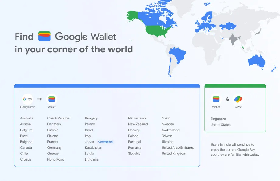 This nightmare of a map has the US with Google Pay and Google Wallet co-existing, while the rest of the world gets a cleaner solution of one payment app: Wallet. 